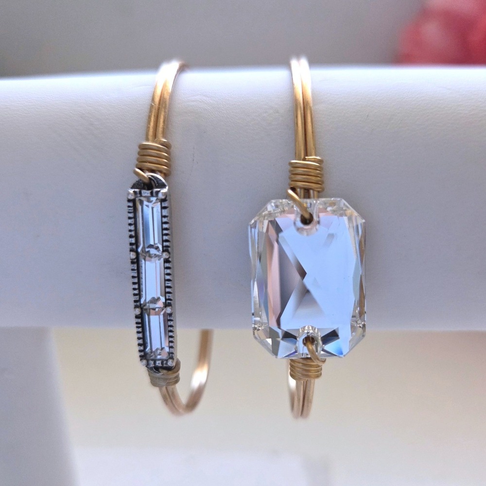 Luca + Danni Crystal Bangle Bracelet Set Gold Tone Wire Wrapped Clear Stones 2pc